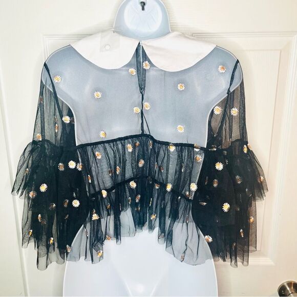 Smak Parlour Black Embroidered Daisy Mesh Ruffle Top Tier Peter Pan Collar M NWT - Picture 8 of 12